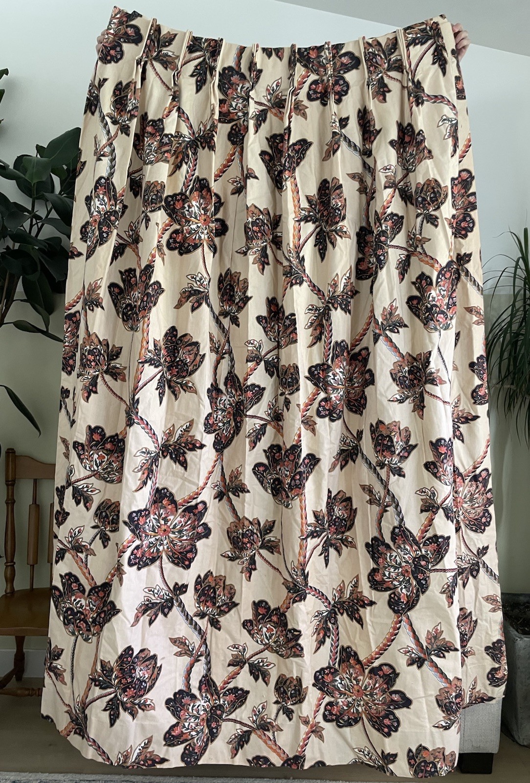 Custom Jacobean Floral Print Curtain Panels Lined Pinch Pleat 52”x82”