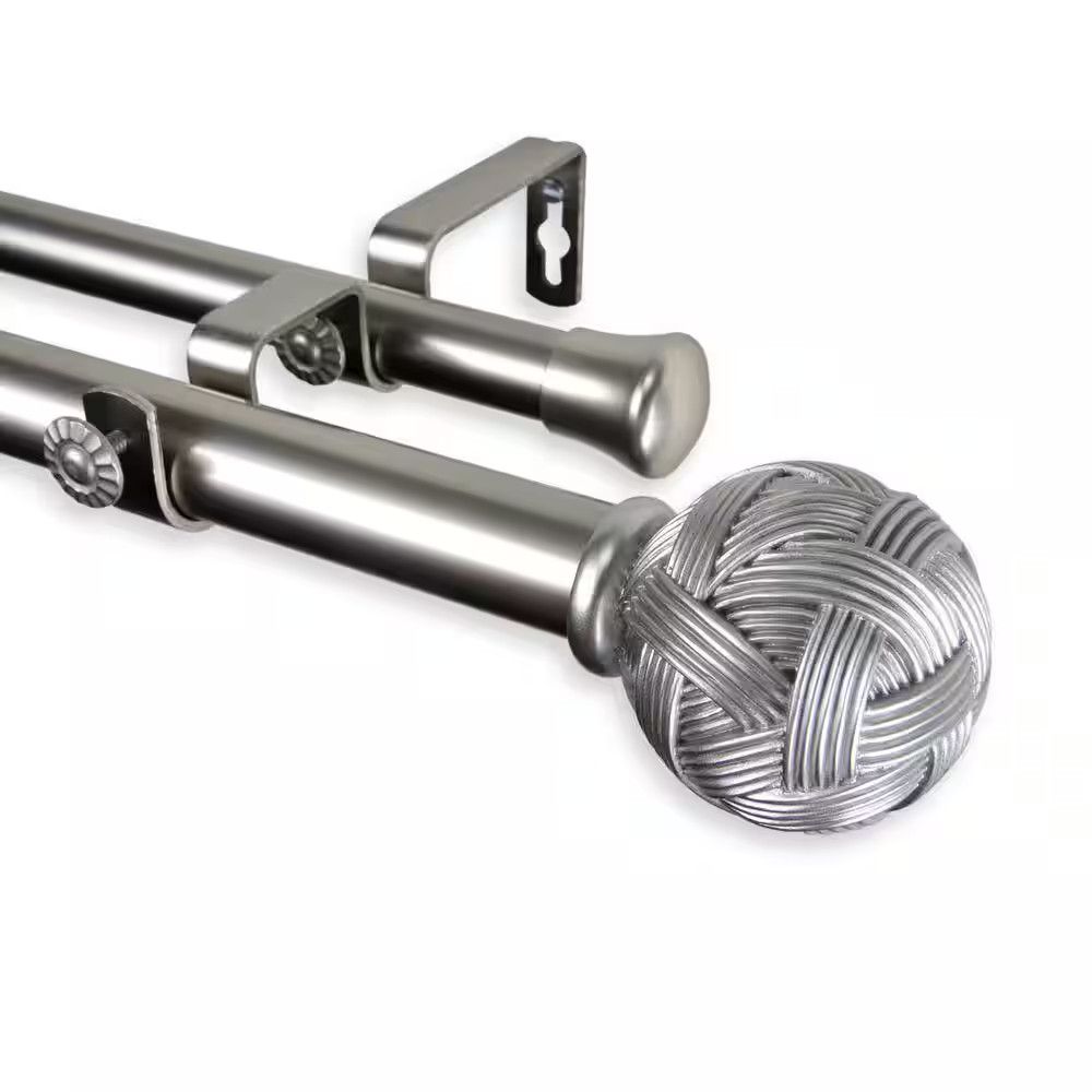 66 In. – 120 In. Telescoping 1 In. Double Curtain Rod Kit in Satin Nickel with T