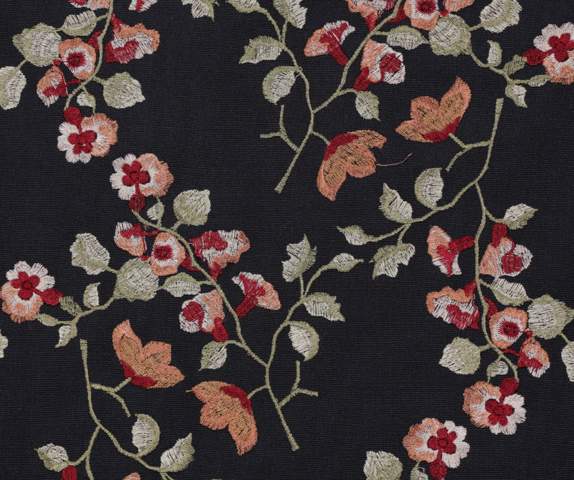 2 DRAPES Densely Embroidered Ruby Red Green Floral on Ink Black Taffeta