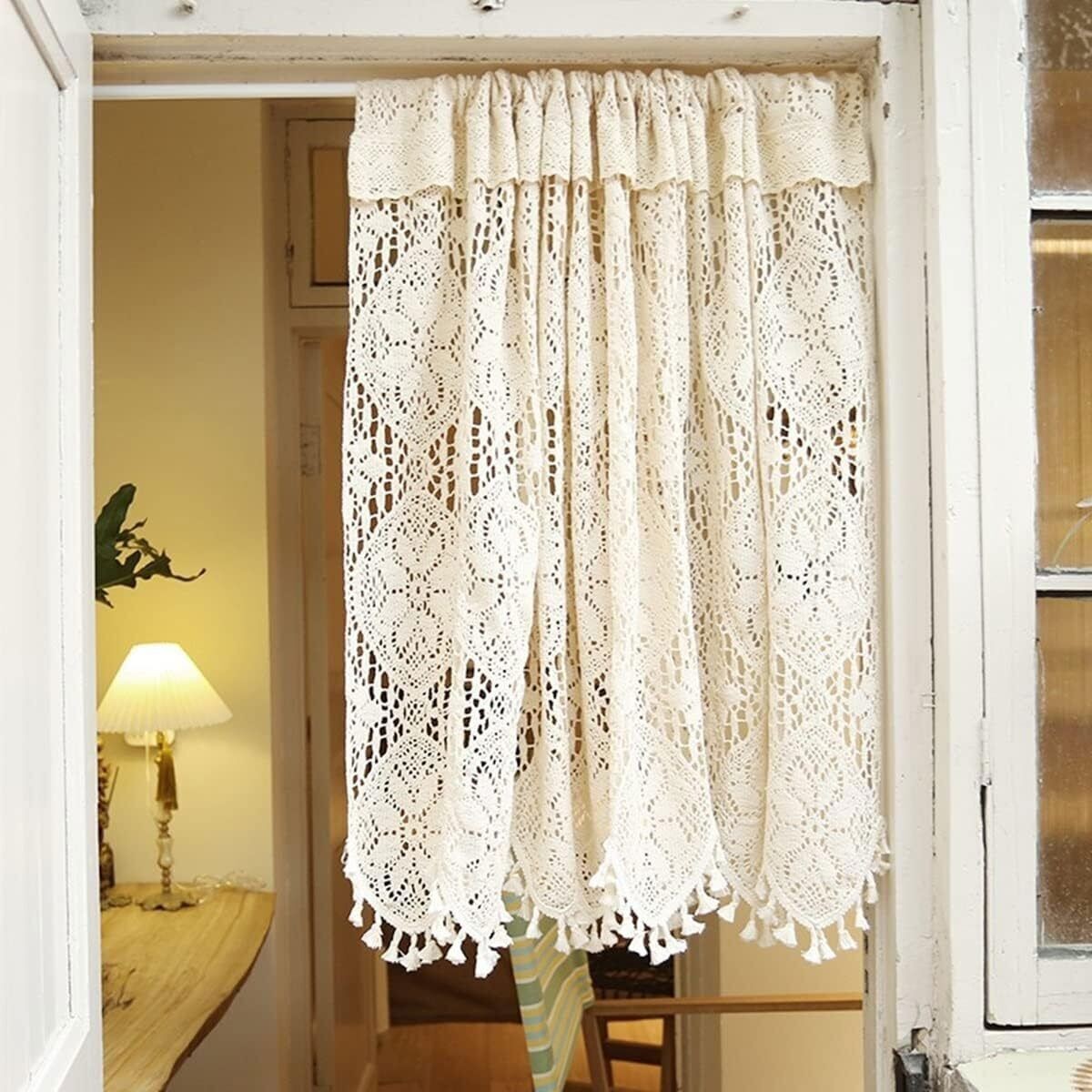 Rustic Crochet Lace Kitchen Window Curtain Valance Cafe Tiers Farmhouse Decor