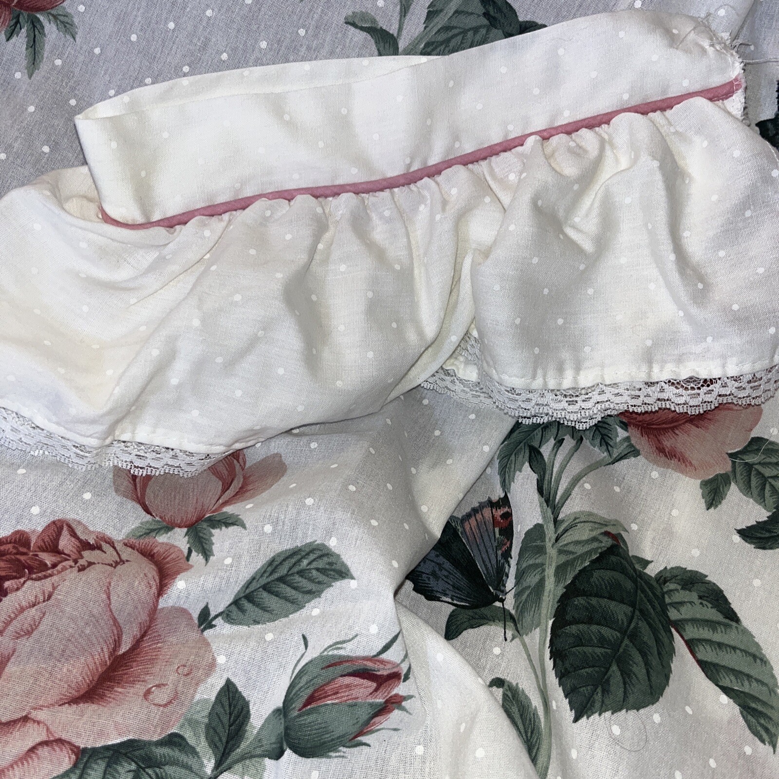 Pair Shabby French Romantic Curtains And Ties Ruffles Lace Roses Butterflies