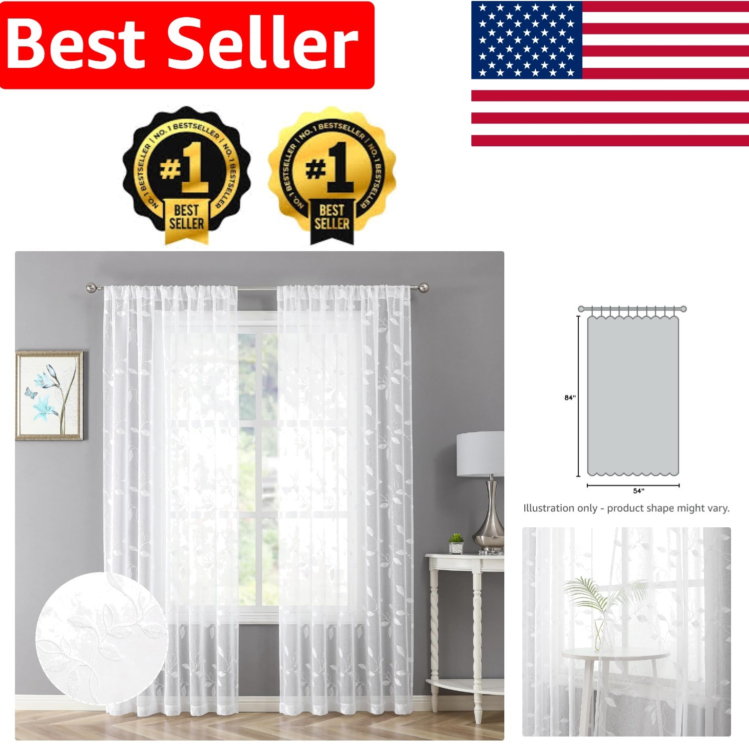 54×84” White Leaf Patterned Sheer Curtains, Machine Washable, Elegant Drapery