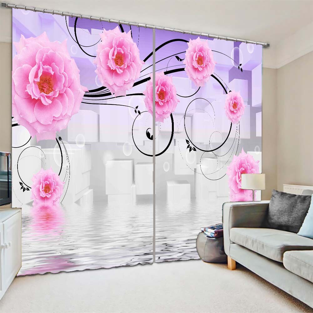 Pink Bud Bend Leaves 3D Curtain Blockout Photo Printing Curtains Drape Fabric
