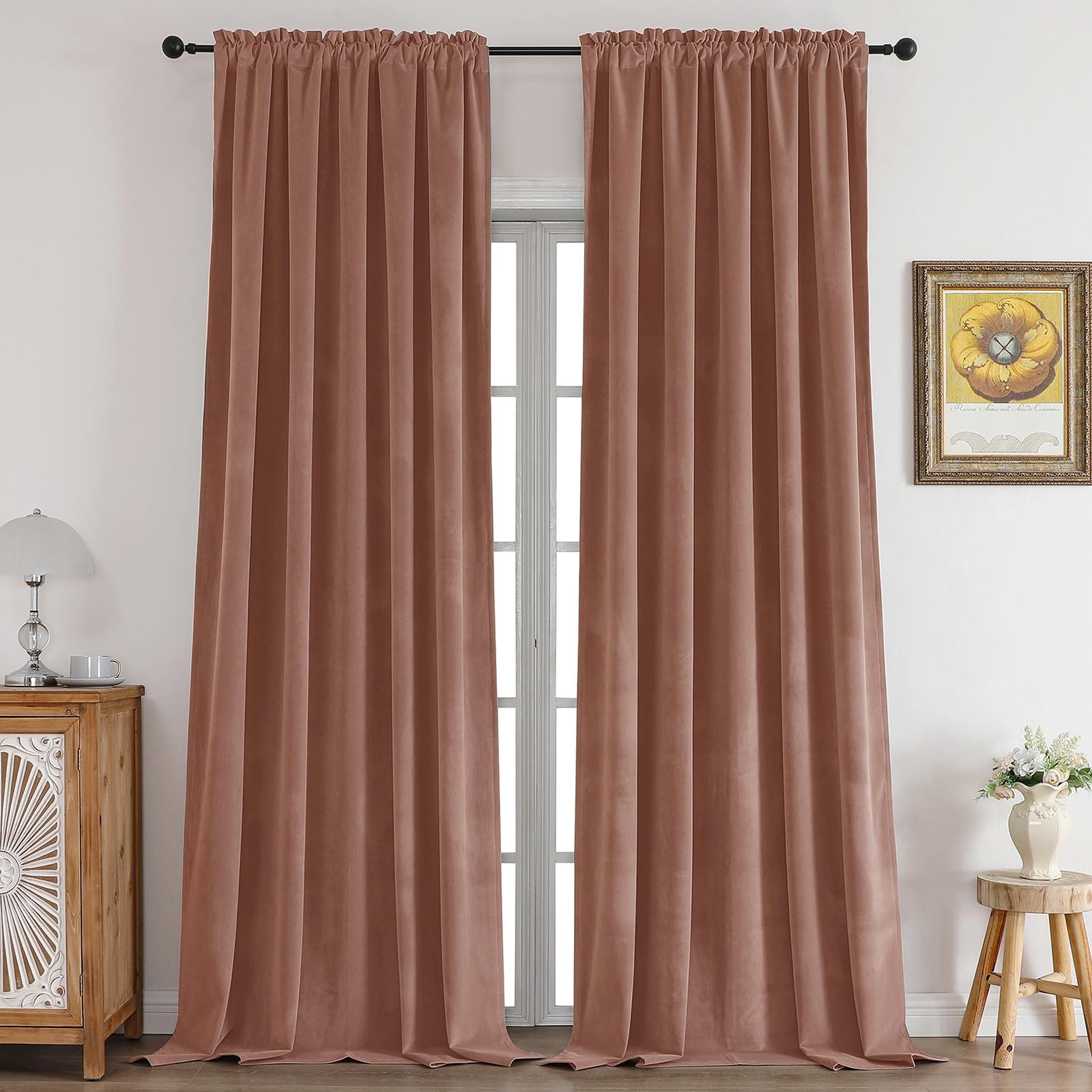 CUCRAF Pink Beige Velvet Blackout Curtains 72 inches Long, Thermal Insulated, No