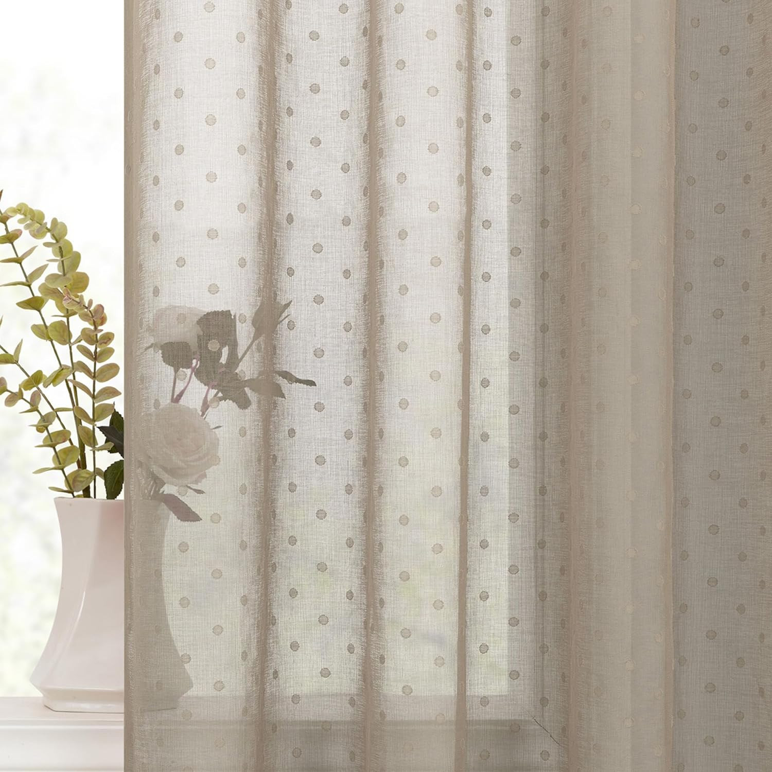 Light Taupe Sheer Curtains 63 Inches Long for Bedroom Solid Polka Dots Patterned