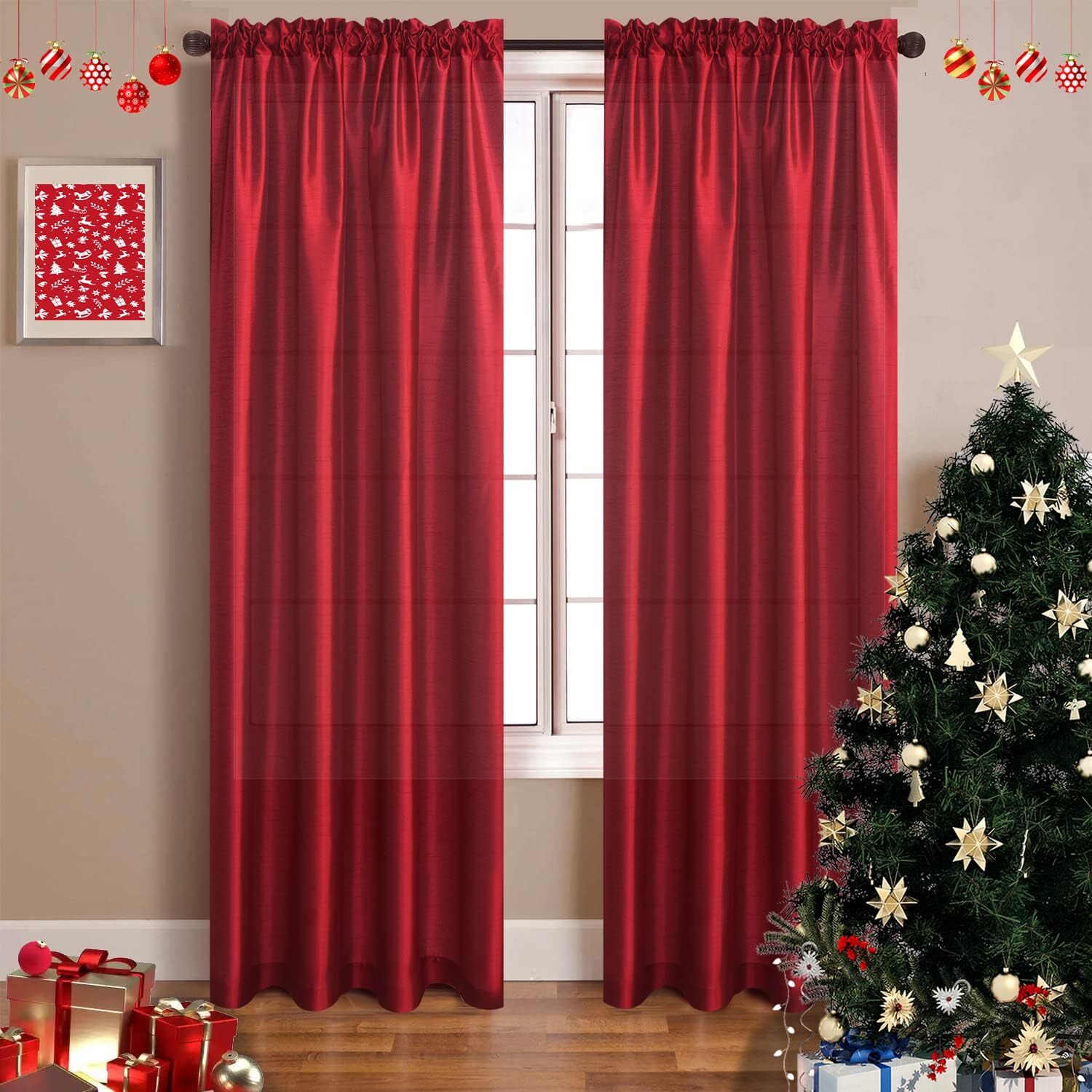 Faux Silk Sheer Curtains Rod Pocket Privacy Light Reducing , 2panels, Red