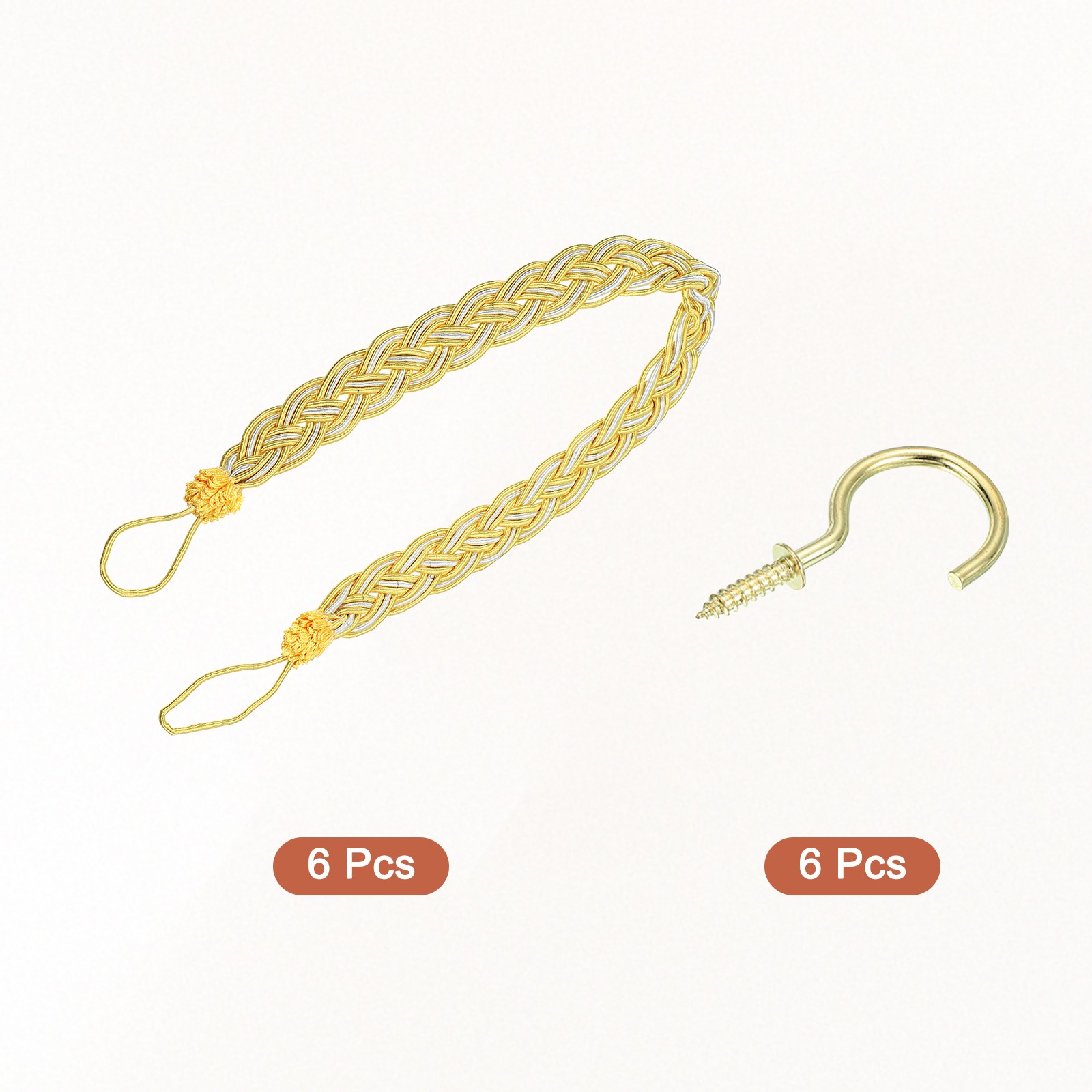 6Pcs 58cm/23″ Curtain Tieback Braided Drapery Holdback Holder Yellow/Silver