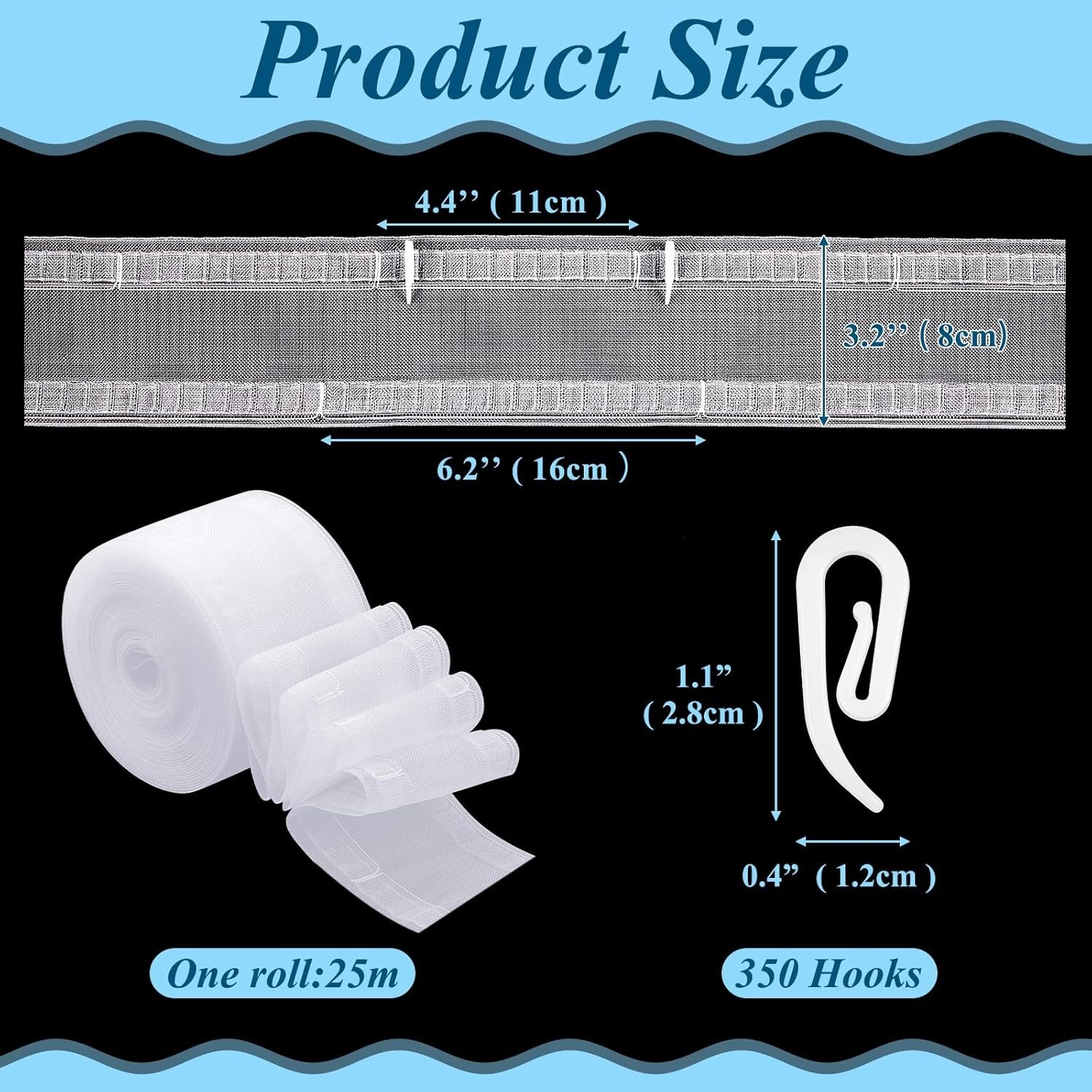 Transparent Wave Curtain Tape, 25 Meter 350 Hooks Ripple Fold Tape for Curtai…