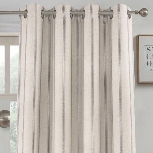 Farmhouse Linen Blackout Curtains 52″W x 96″L (Pack of 2) Gray Stripe-grommet