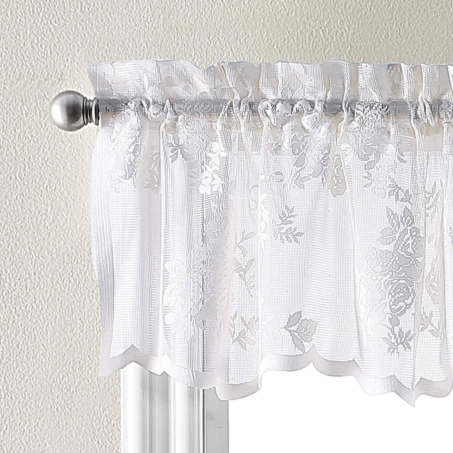 Sibella Lace Kitchen Curtain Window, Rod Pocket, 14 in Valance, White