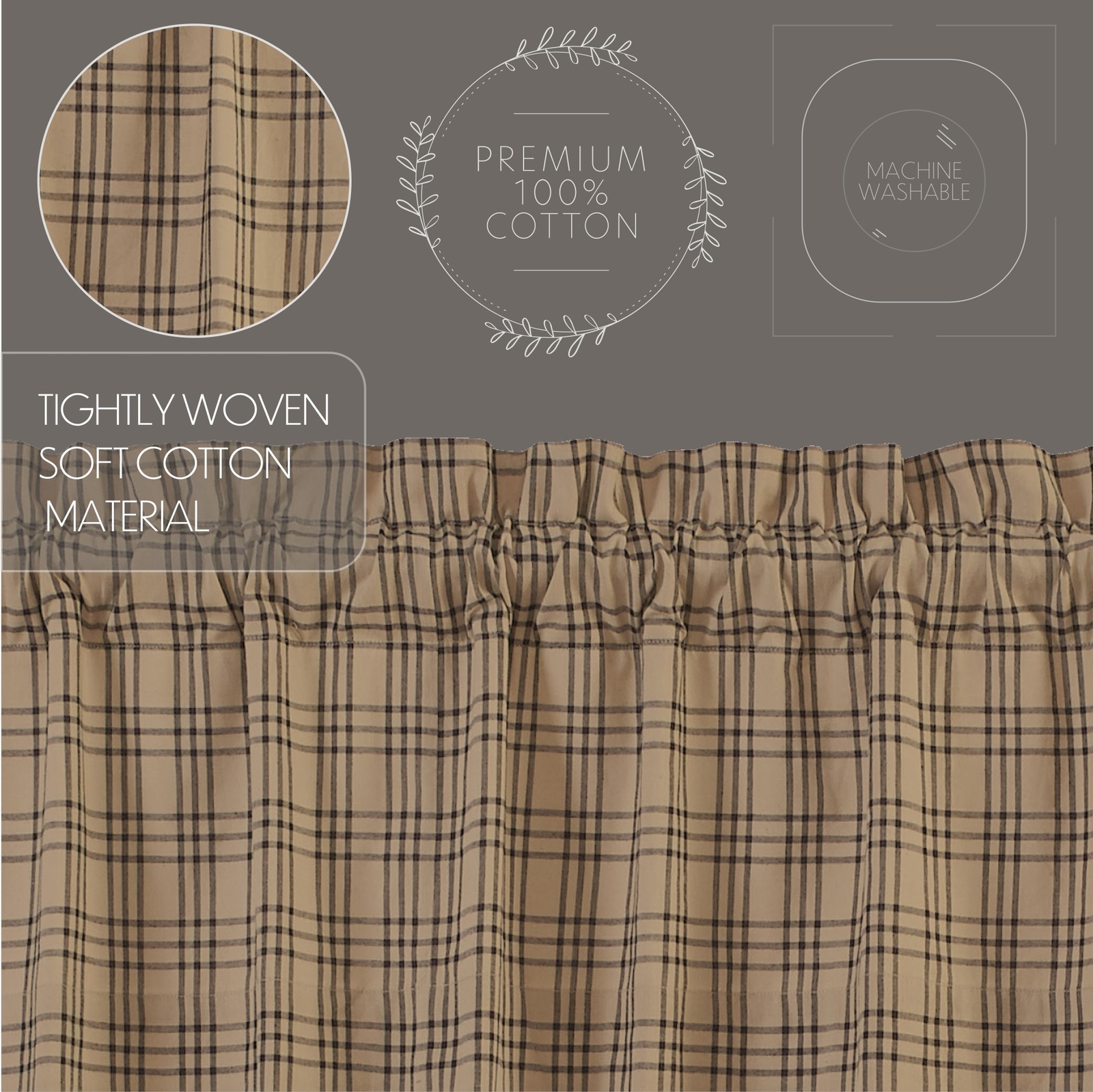 Sawyer Mill Charcoal Plaid Set (2 Prairie Swag 36×18 ; 2 Tier 36×36) VHC Brands