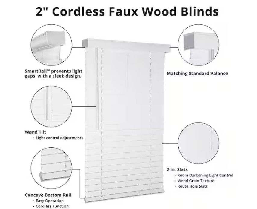 White Cordless Faux Wood Blind 2 in Slats 34.5W x 72L (Actual 34W x 72L)