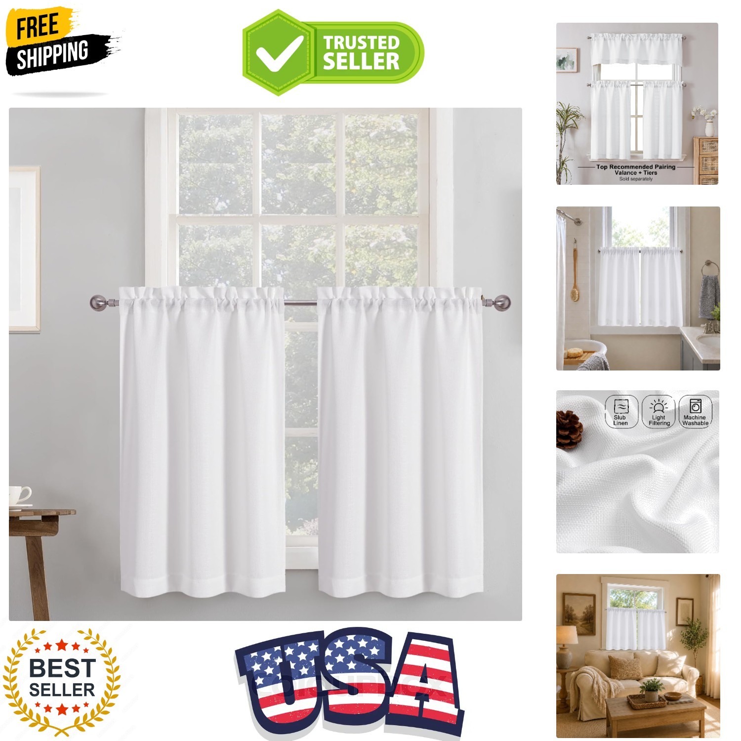 White Curtains 30 Inch Length, Faux Linen Textured Small Cafe Curtain, Light …