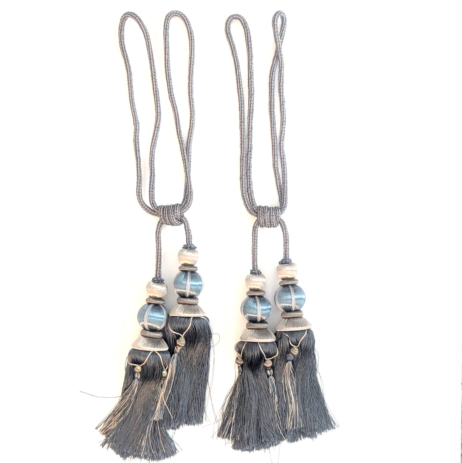 Set of 2 Double Tassel & Rope Elegant Decorative Curtain Tieback Blue Gray Beige