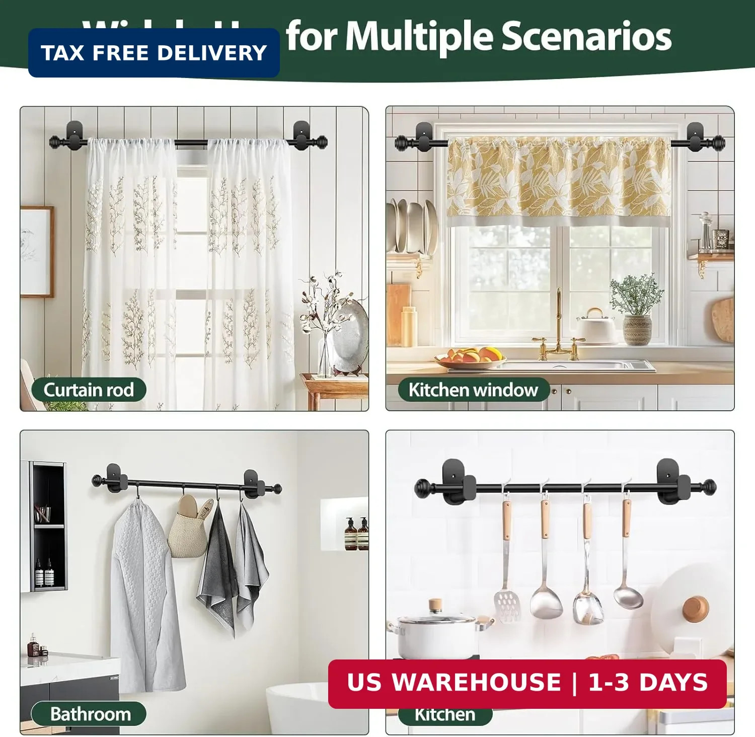 KAMANINA No Drill Curtain Rods for Windows 32 to 58 Inches, 5/8 Inch Renter Frie