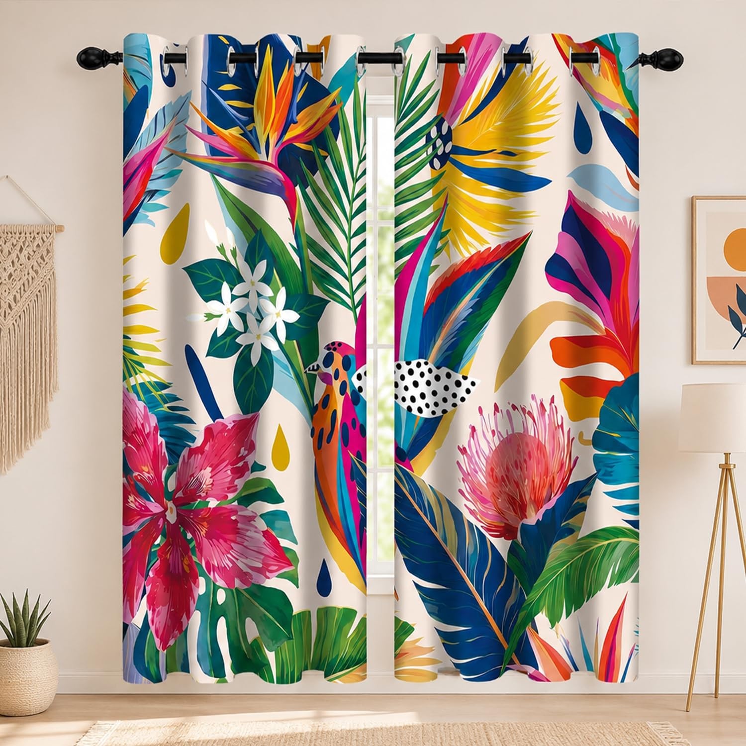 Colorful Tropical Blackout Curtains, Jungle Leaf Boho Abstract Aesthetic Art …
