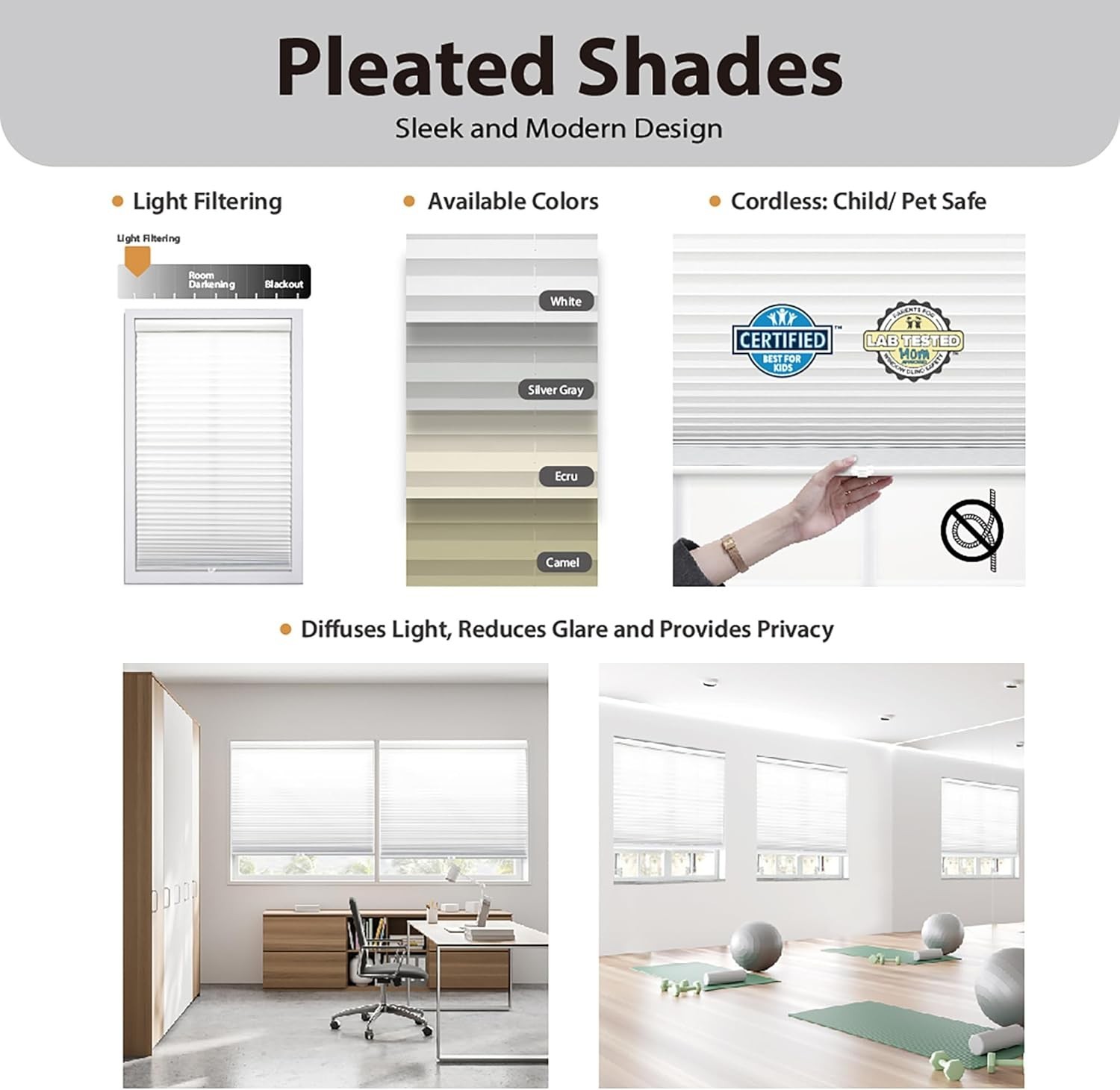 Cordless 1″ Light Filtering Pleated Shade, Fabric, 34″W x 64″H, Ecru