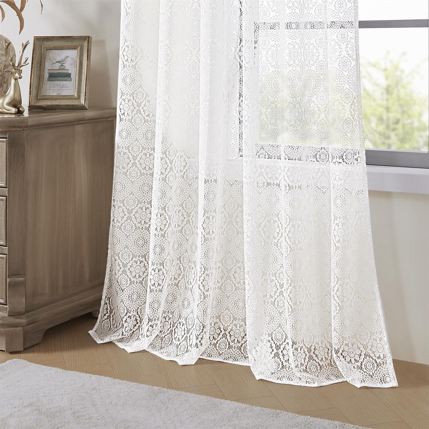 Floral Lace Sheer Curtains, Boho Vintage Textured Rod Pocket Drapes, 2 Panels