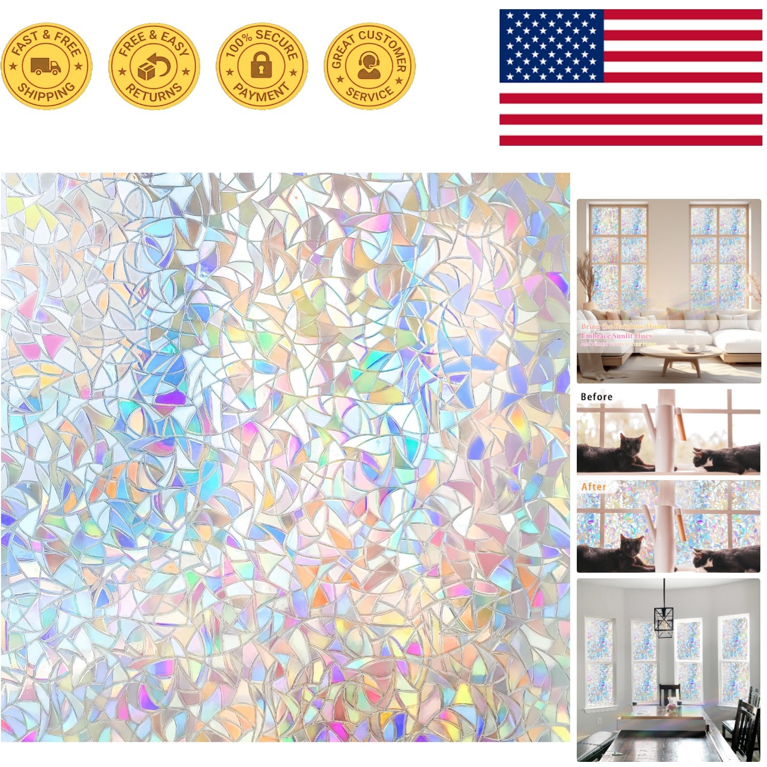 UV Protective Rainbow Window Clings – Easy Install 3D Tint Film, 17.5» x 78.7»