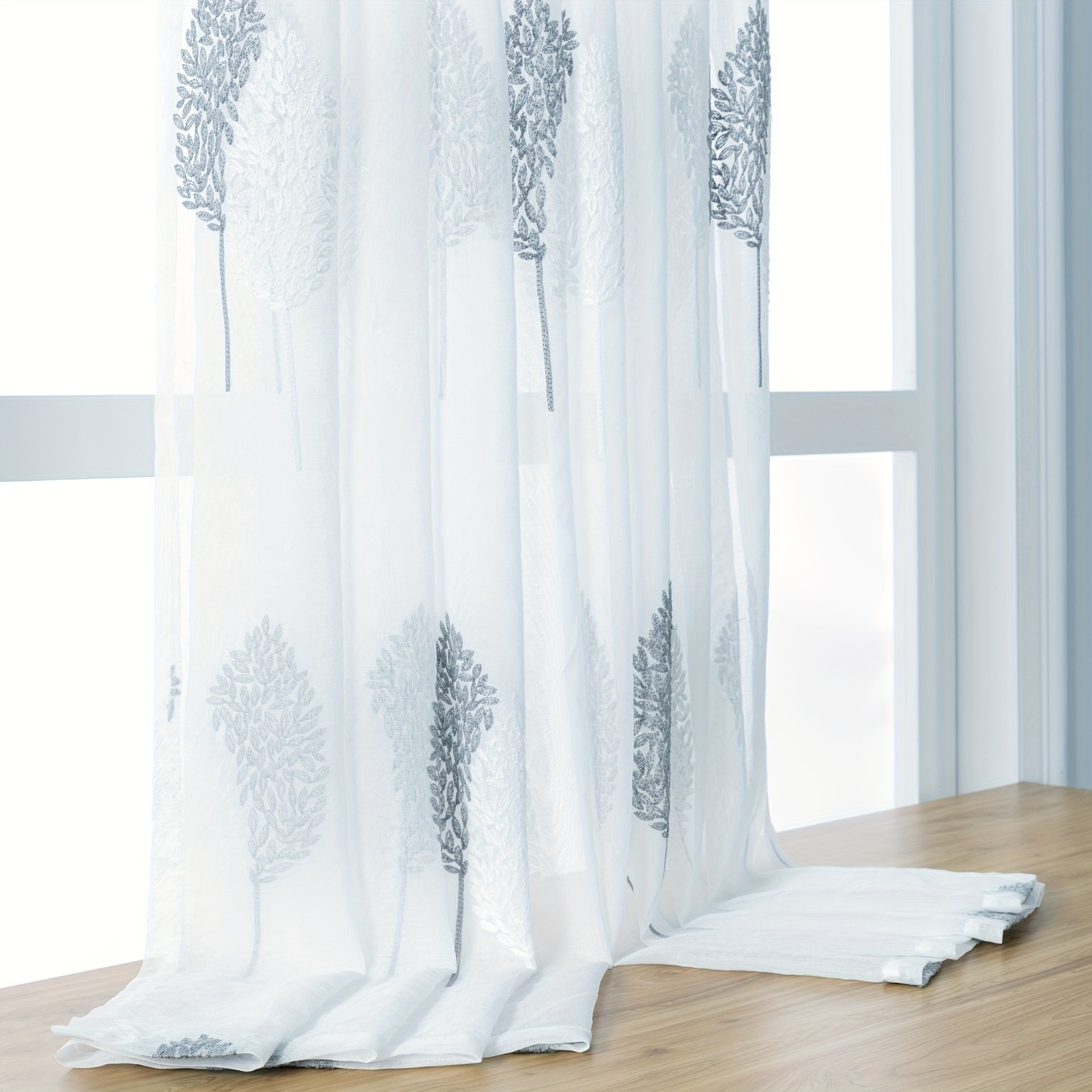 1 Panel Semi Sheer Leaf Embroidered Curtain, Grommet Top Voile Window Drape