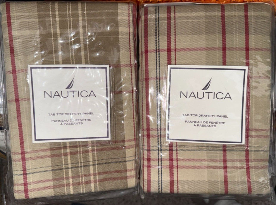2 Nautica EASTBOURNE PLAID Rod Pocket Window Panels BEIGE TAN RED NIP Drapery