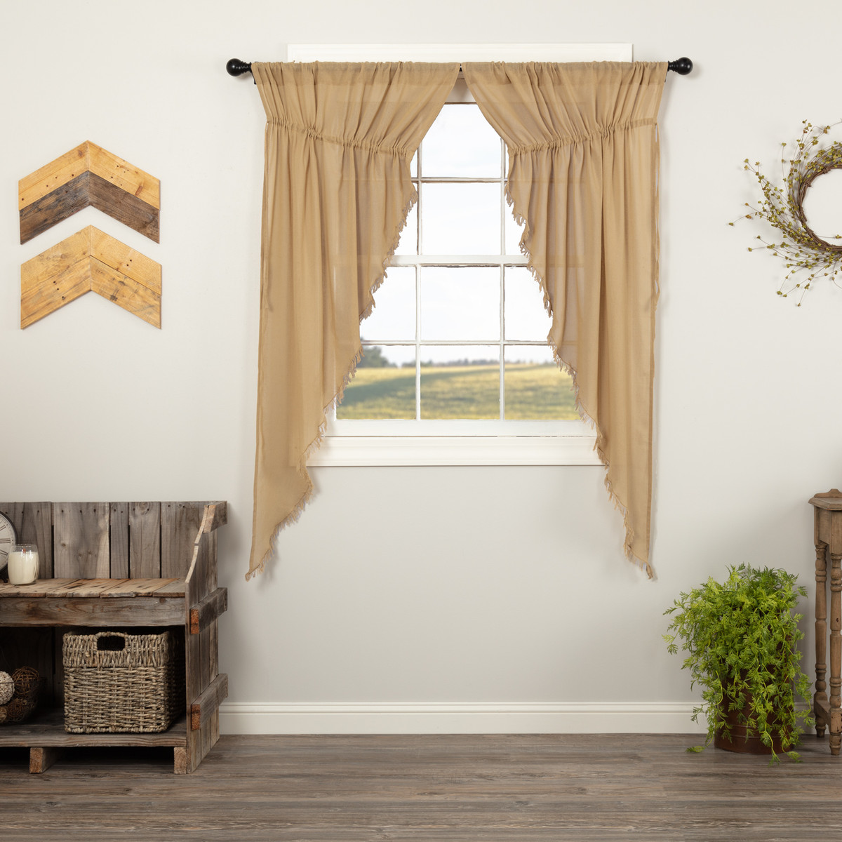 Tobacco Cloth Khaki PRAIRIE Short CURTAIN SET FRINGED Country Rustic Sheer 36×63