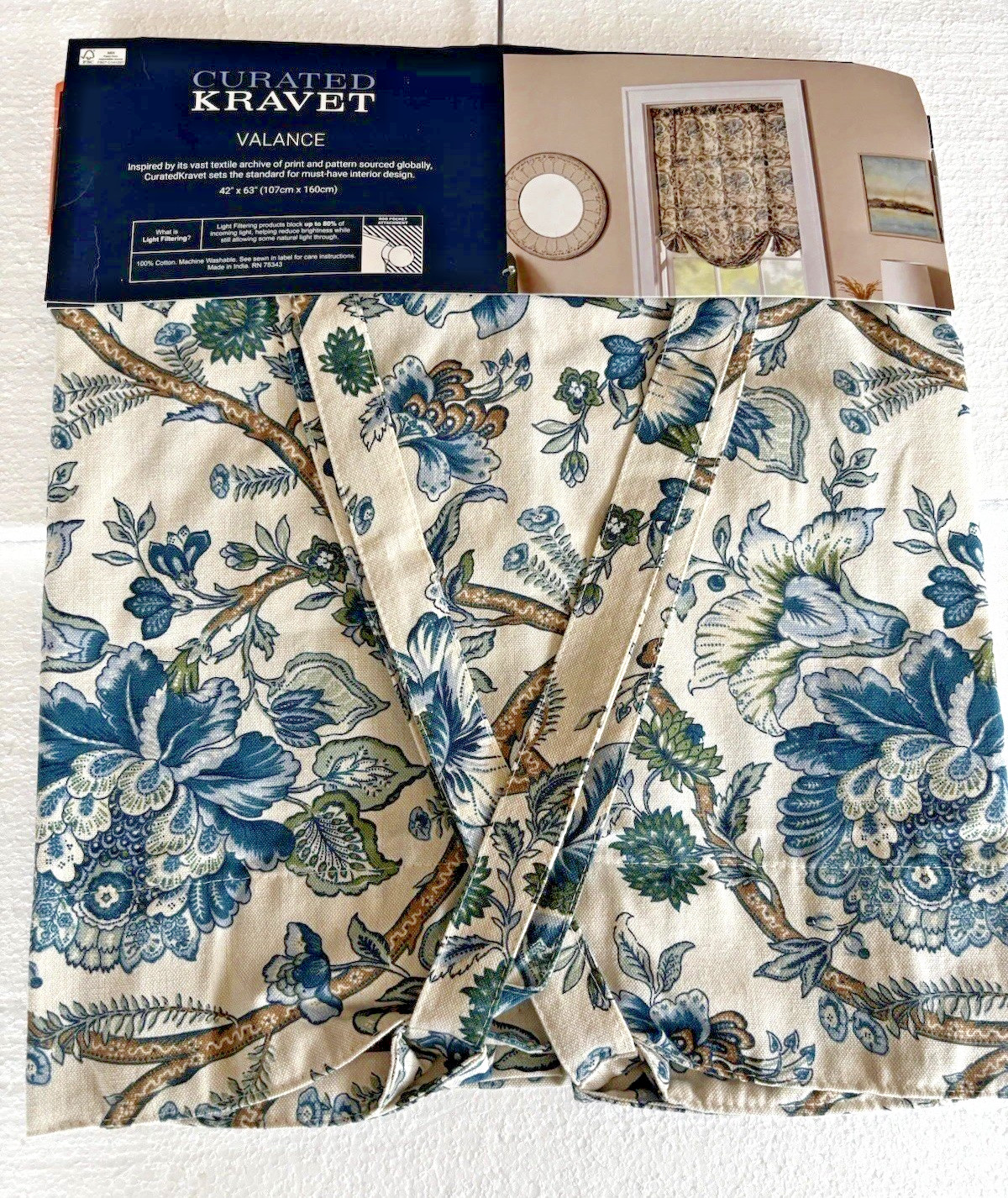 Curated Kravet Valance Cotton Jacobean Floral Blue 42” X 63” New