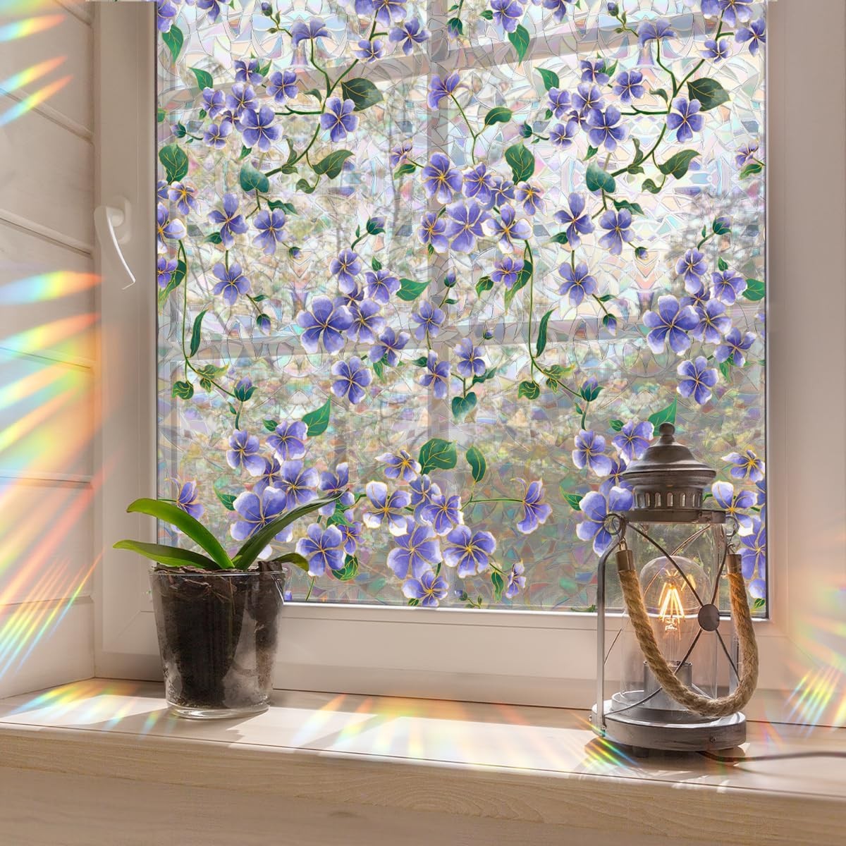 Window Privacy Film Rainbow Flower Window Clings 3D Decorative Vinyl Stained Gla