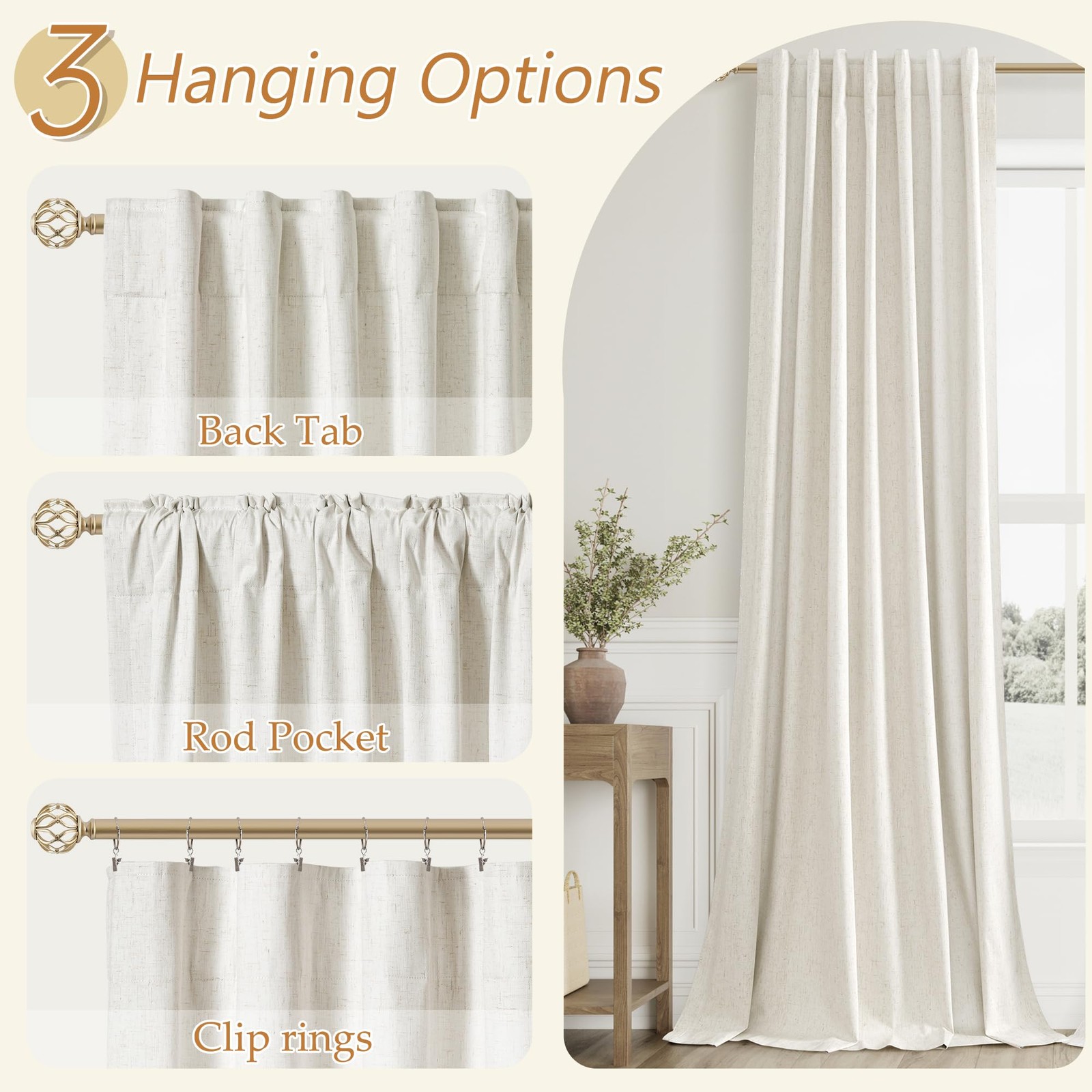 Linen Blackout Curtains 84 Inch Length 2 Panels 52″W x 84″L (Pack of 2) Cream