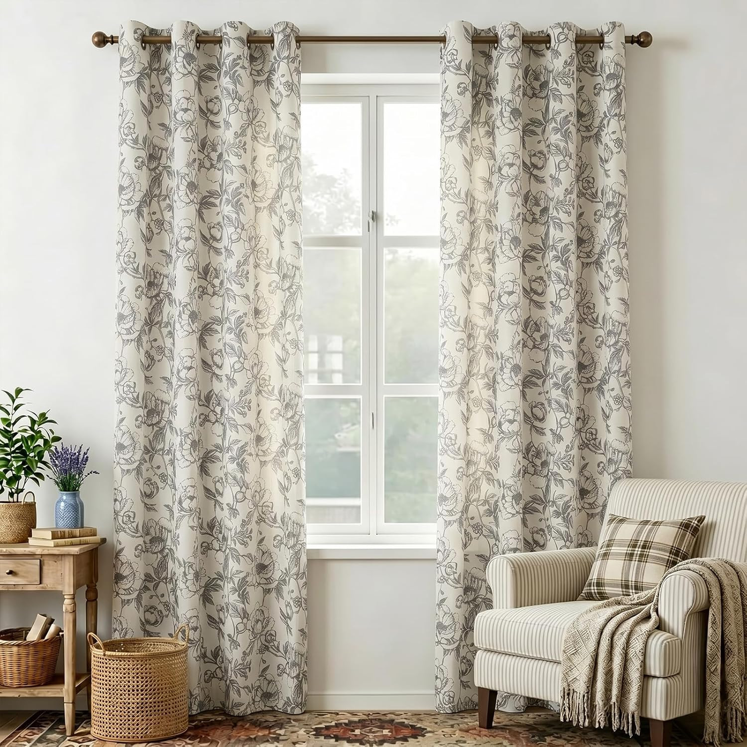 Taupe Floral Curtains 90″ Long, Peony Print Beige Linen, Pack of 2