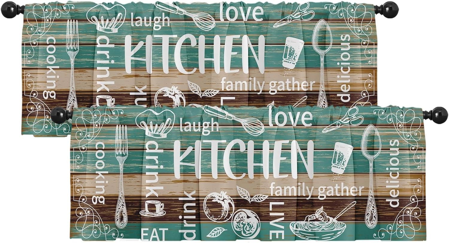 2 Pack Valances Window Treatments Teal & Brown Farmhouse Kitchen Cooking