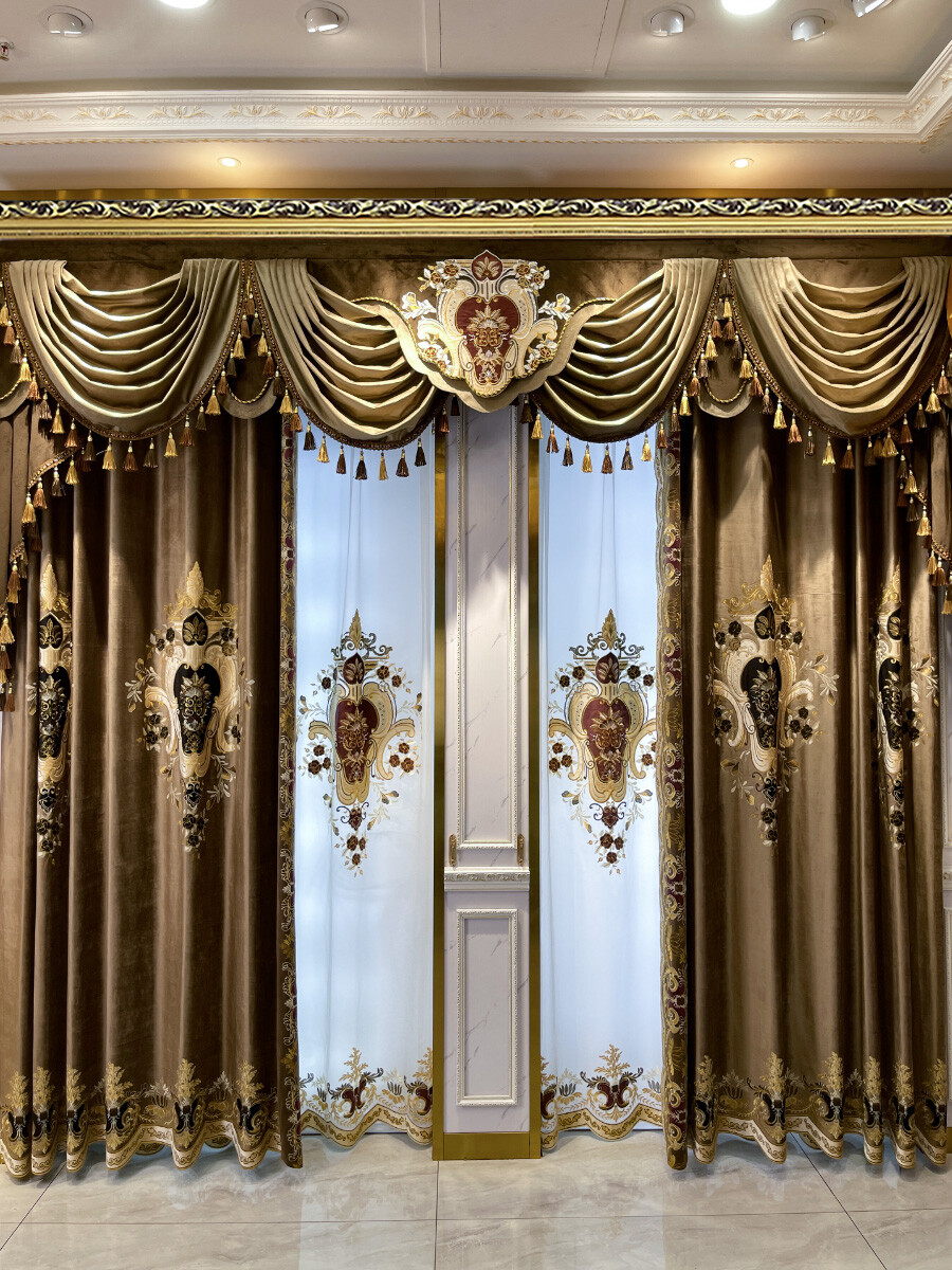 European French velvet embroidered thick window valance curtain tulle M1574