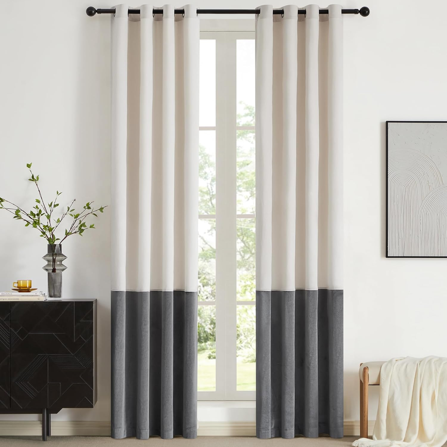 Color Block Window Curtains Panels 84 Inches Long Cream Ivory Grey Polyester Vel