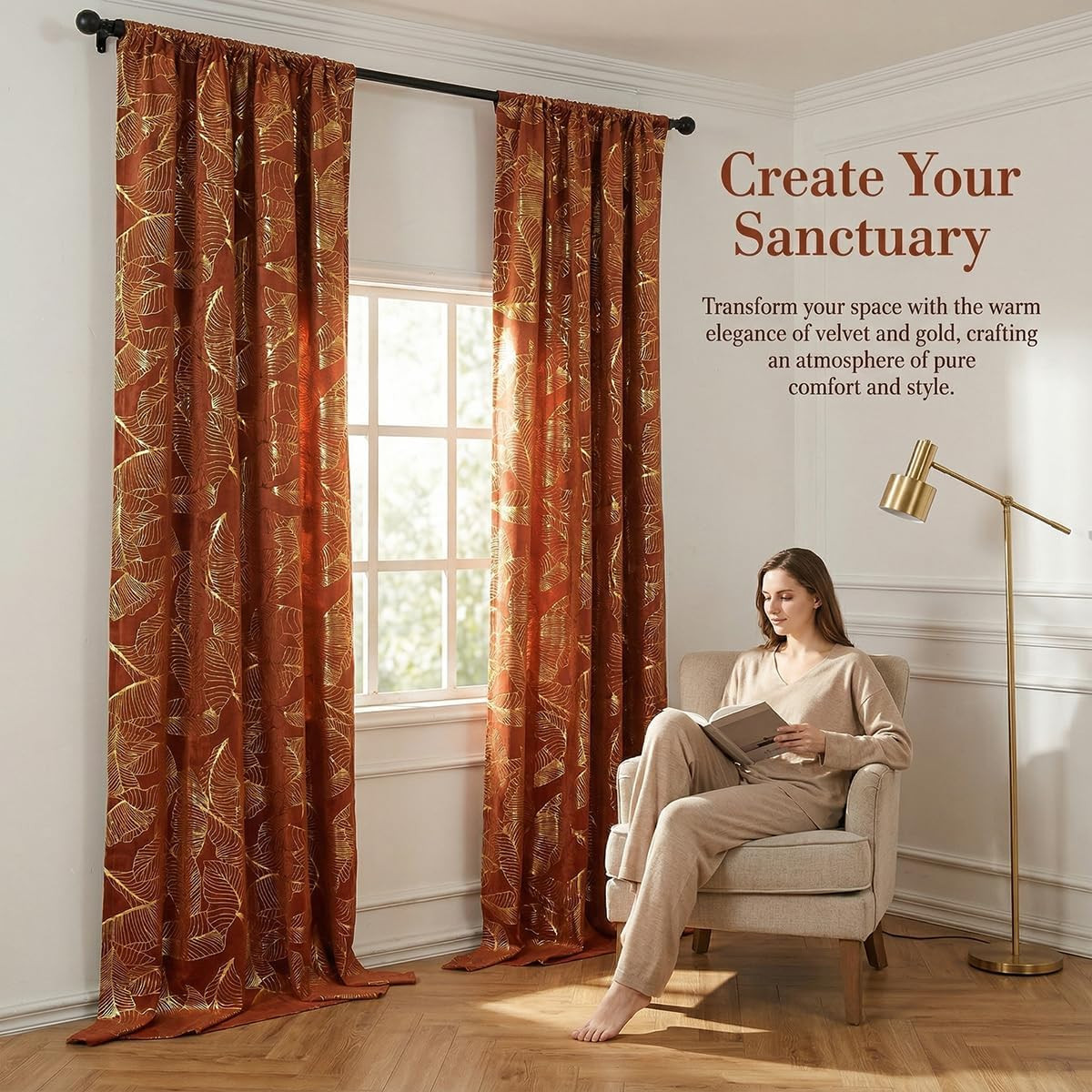 Elegant Burnt Orange Velvet Curtains with Gold Foil Print – 84″ Long, 2 Panels