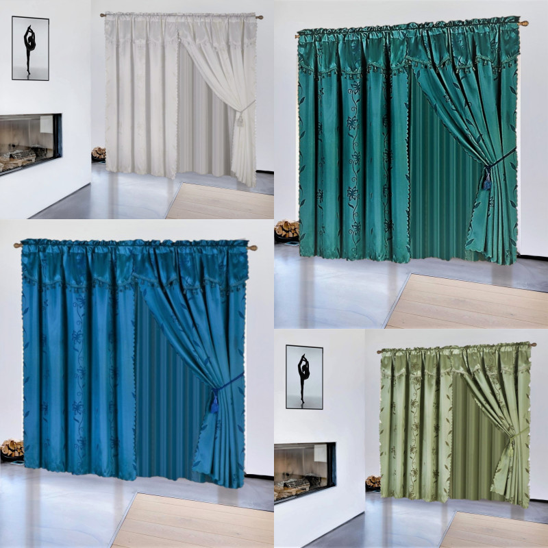 1 Nada Leaf Design Silky Valance Panel Sheer Rod Pocket Window Curtain Set