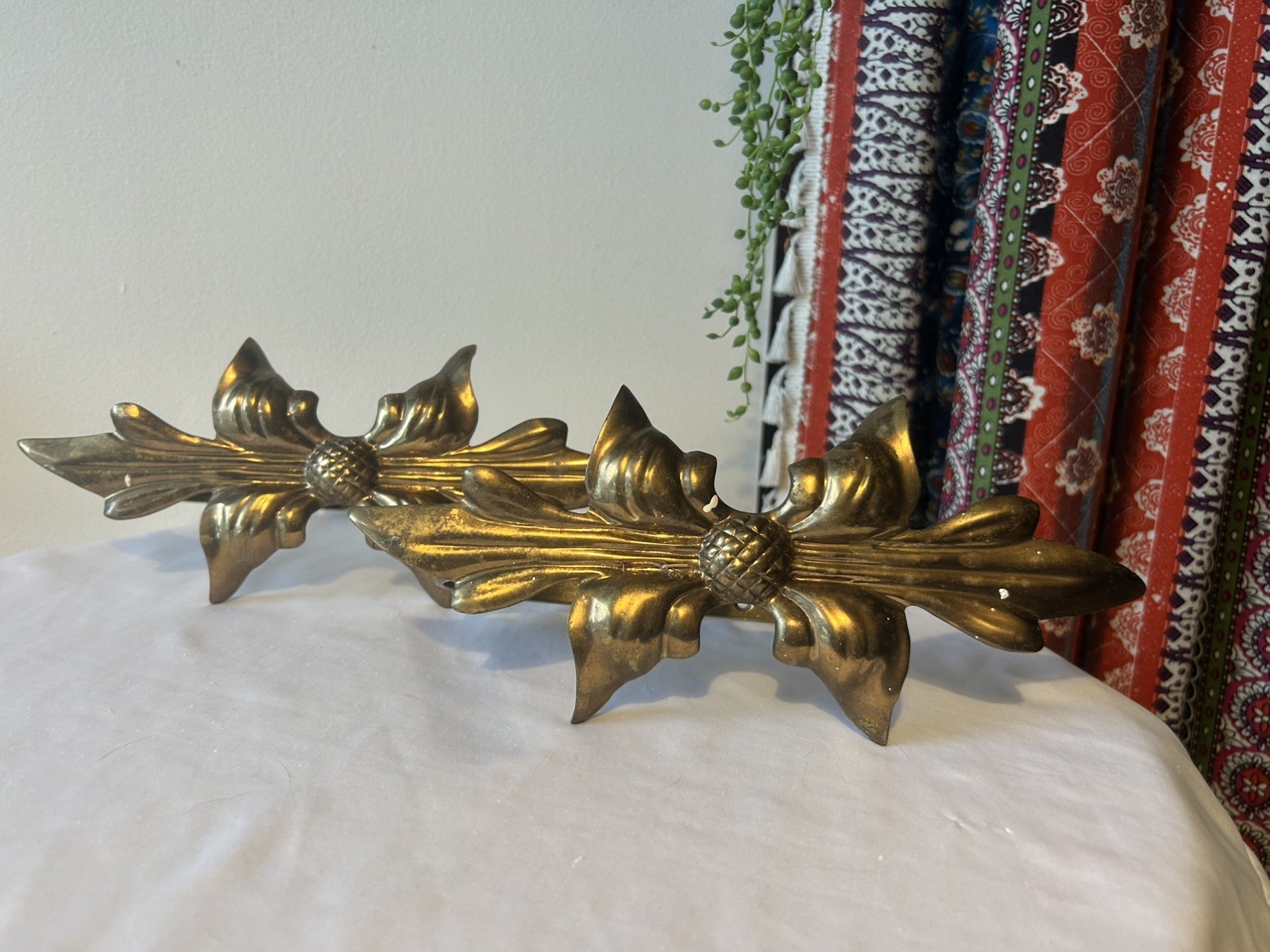 Vintage Pair Brass Curtain Tie Back Gold Leaf Bow India Pineapple MCM Cottage