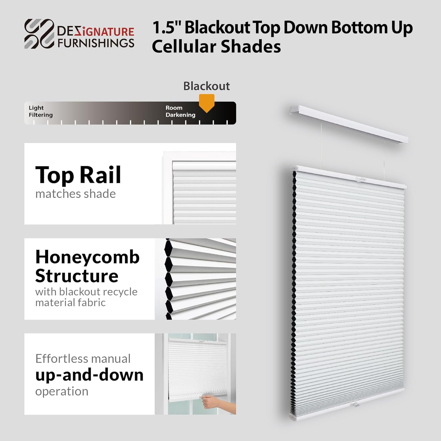 Cordless Blackout Cellular Shade, Top Down Bottom Up, 69″ W x 48″ H, White