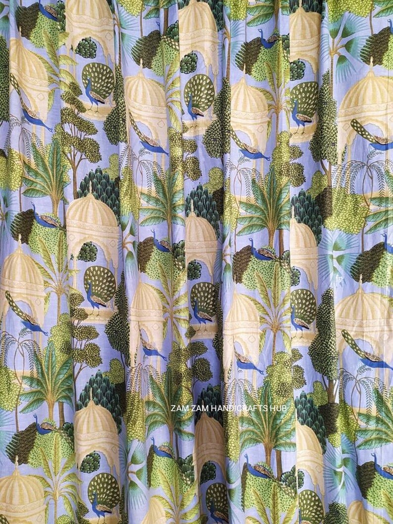 Indian Hanmade Peacock Print Hand Block 100% Cotton 2 Panels Home Decor Curtains