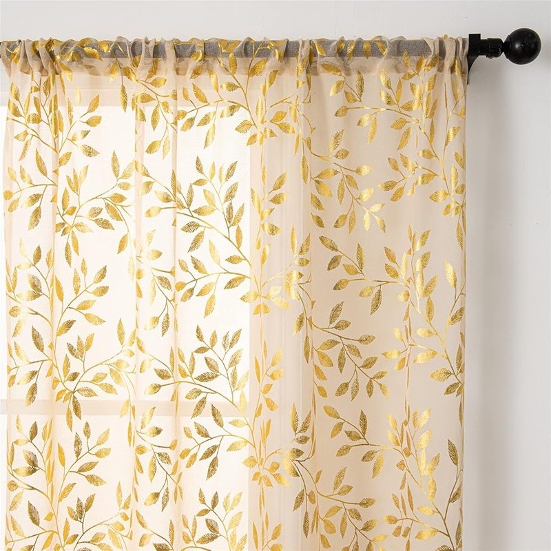 Luxury Sheer Curtains Leaf Pattern Gold Bronzing Window Drapes 2 Panels New