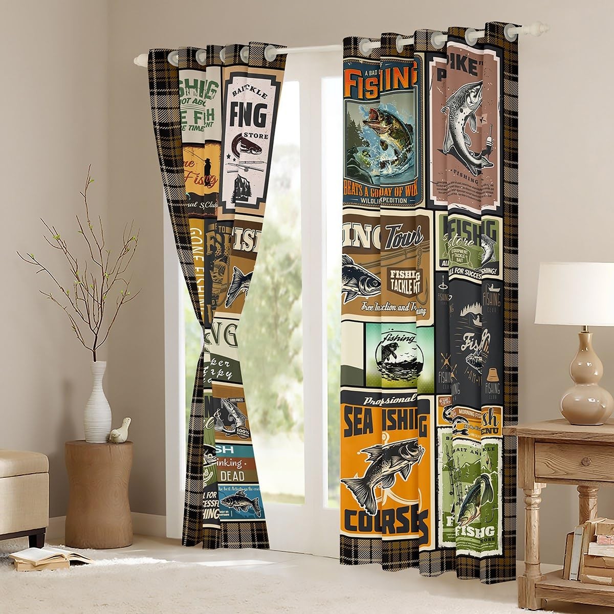 Jejeloiu Fish Curtains Vintage Fish Stamp Pattern Curtains For Bedroom Living