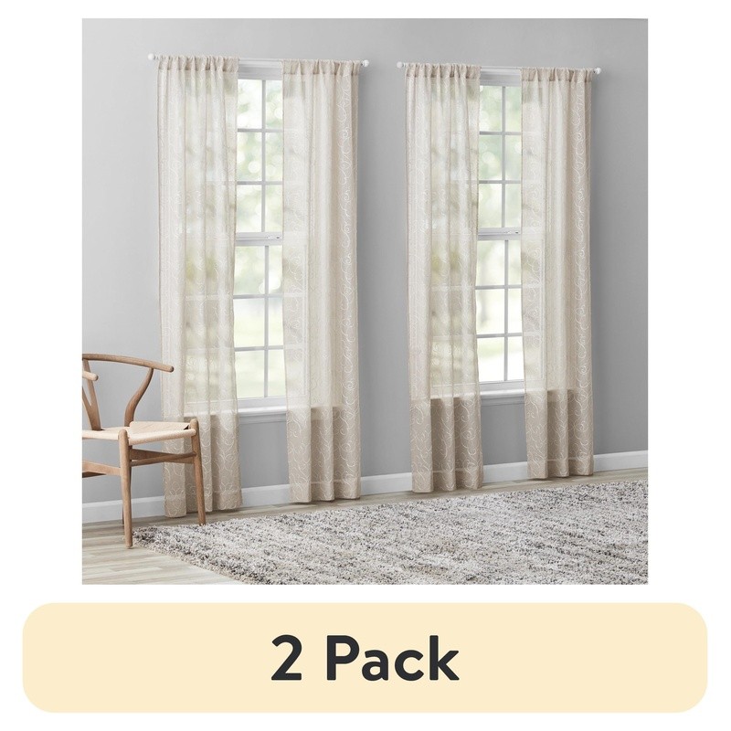 Embroidered Scroll Sheer Curtain Panels 4 Piece Set Rod Pocket Window Treatment