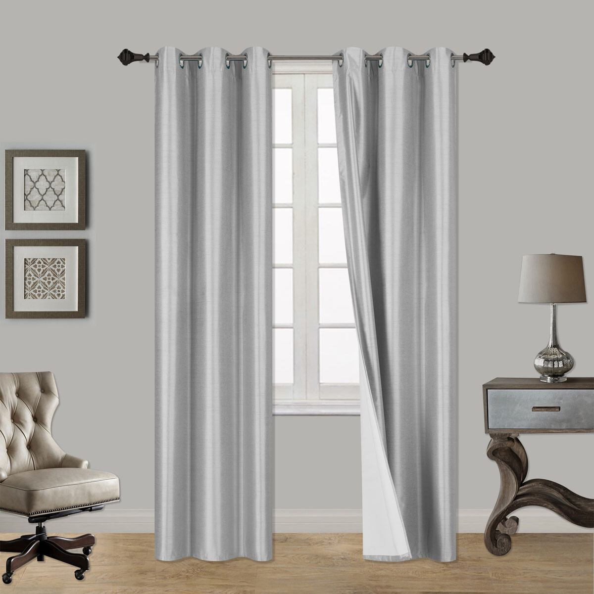 ONE HEAVY FAUX SILK panels BLACKOUT SILVER GRAY grommet window curtain LINED