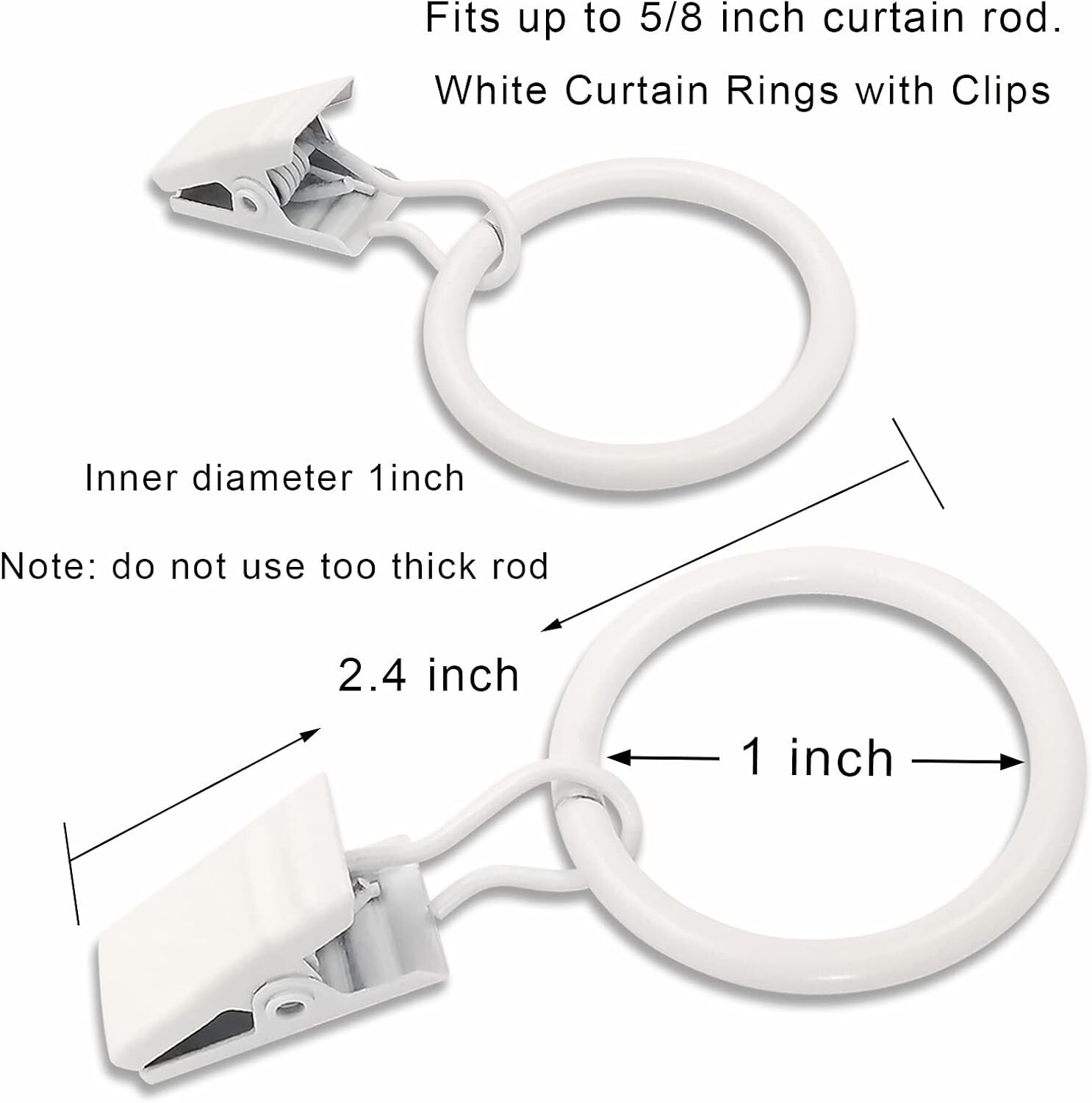 44 Pack Metal Curtain Rings with Clips 1 Inch I D Fits 6/8 Inch Rod White