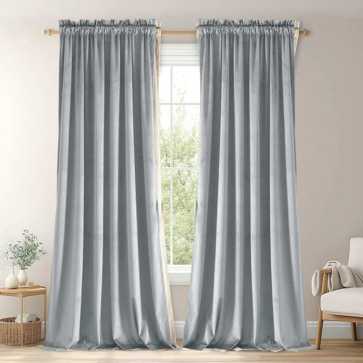 Elegant Silver Grey Velvet Curtains – 108″ Thermal Insulated Drapes, Set of 2