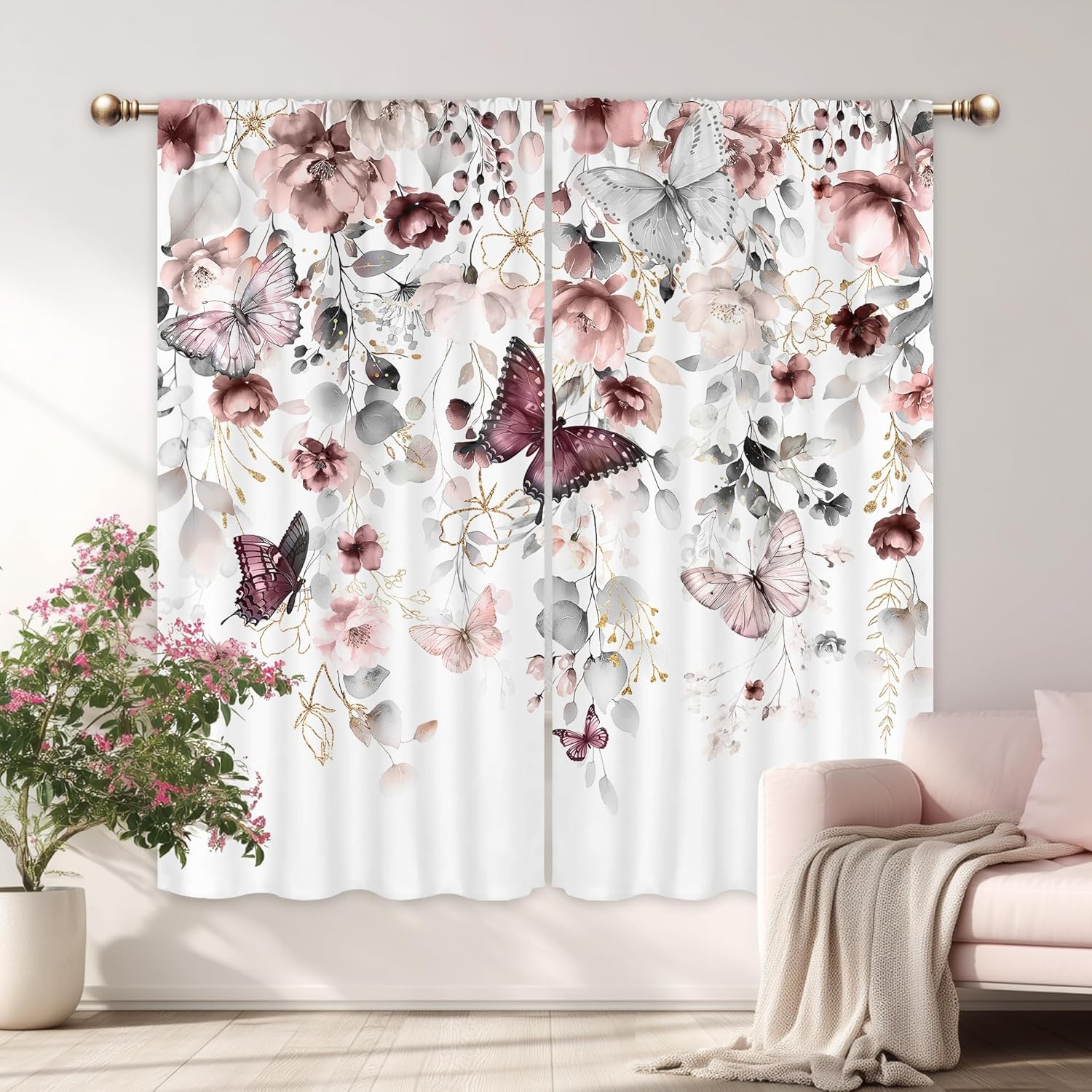 Gray Pink Floral Butterfly Curtains for Bedroom 42Wx63H Inch Rod Pocket Spring P
