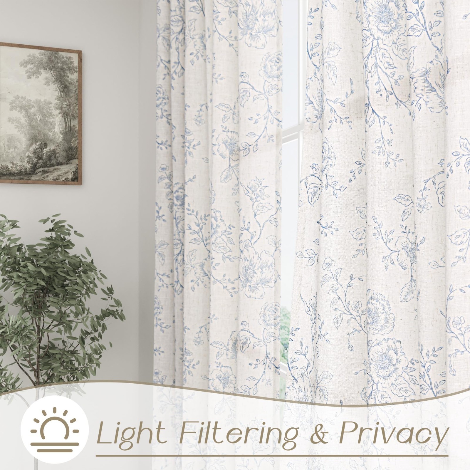 Blue Floral Curtains 72 Inch (Blue Pattern Print on Cream White Linen)