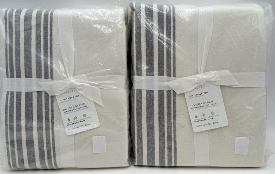 Pottery Barn Riviera Stripe Pole Top BLACKOUT Drape (2) 50 x 108 Charcoal Gray