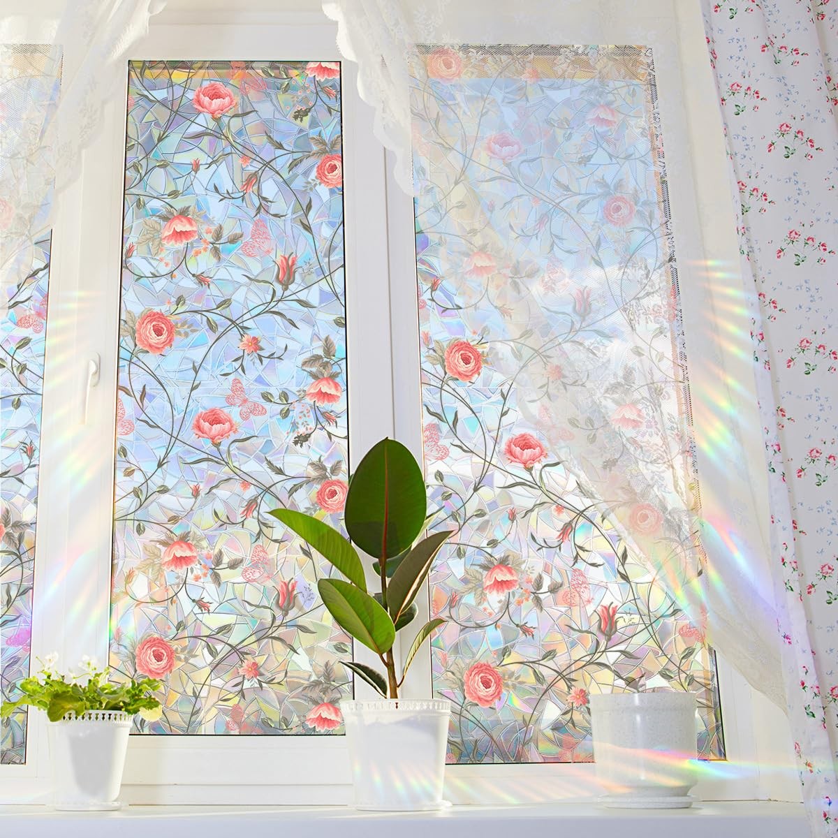 Runtoo Window Privacy Film Rainbow Rose Floral Window Clings 3D Decorative Vi…