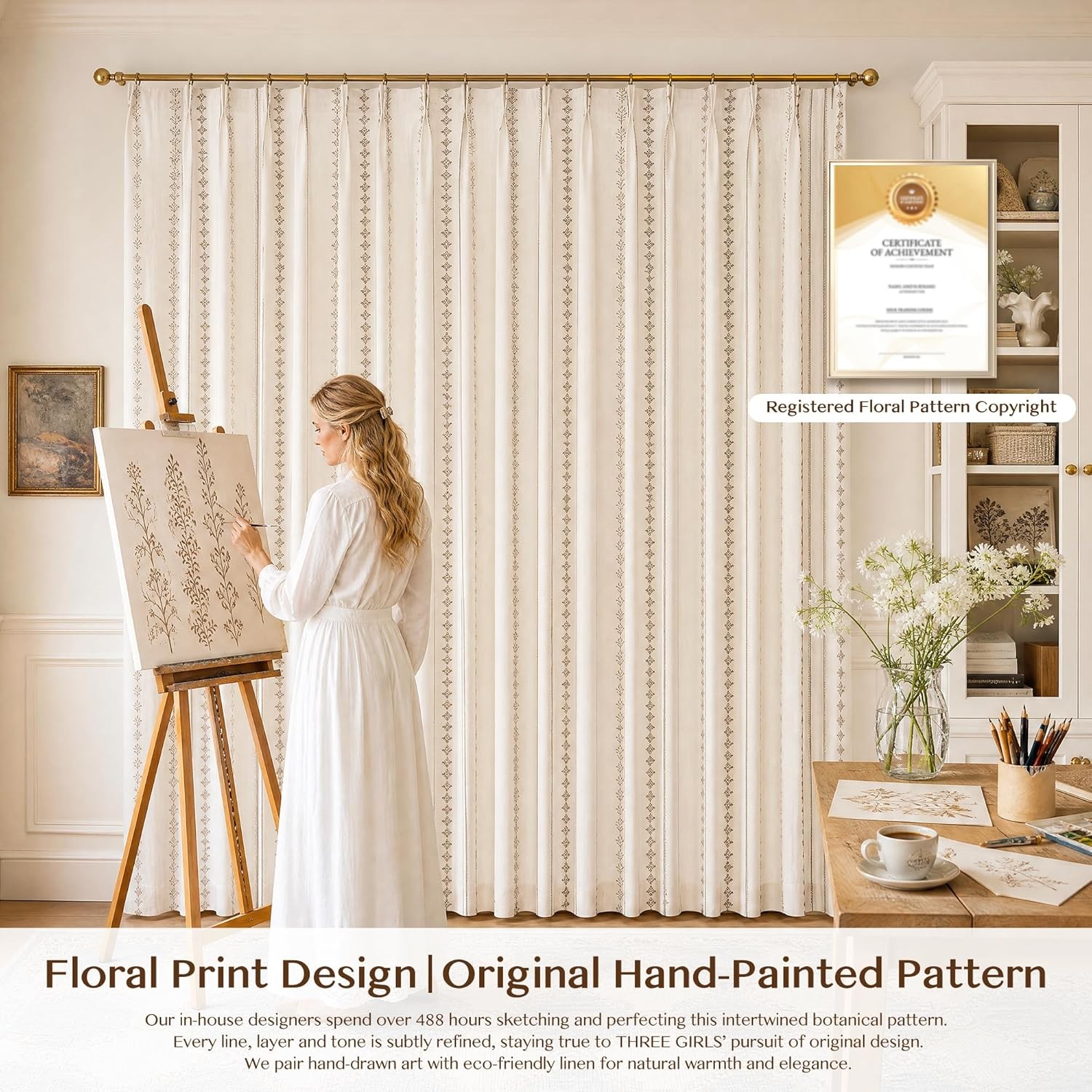 Pinch Pleated Taupe Floral Block Print Curtains 96 Inches Long, Vintage Boho