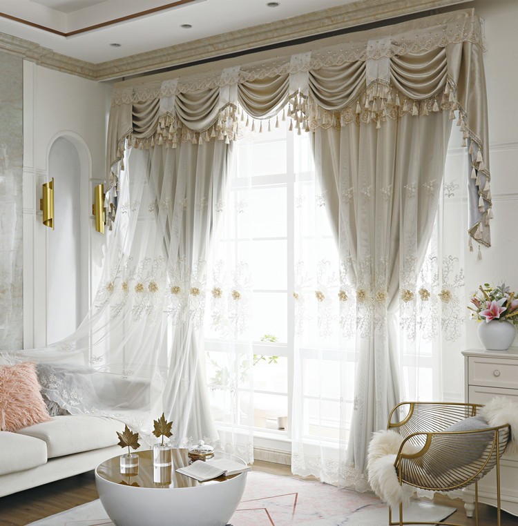 Embroidery luxury European double-layer valance gray cloth curtain tulle M1862